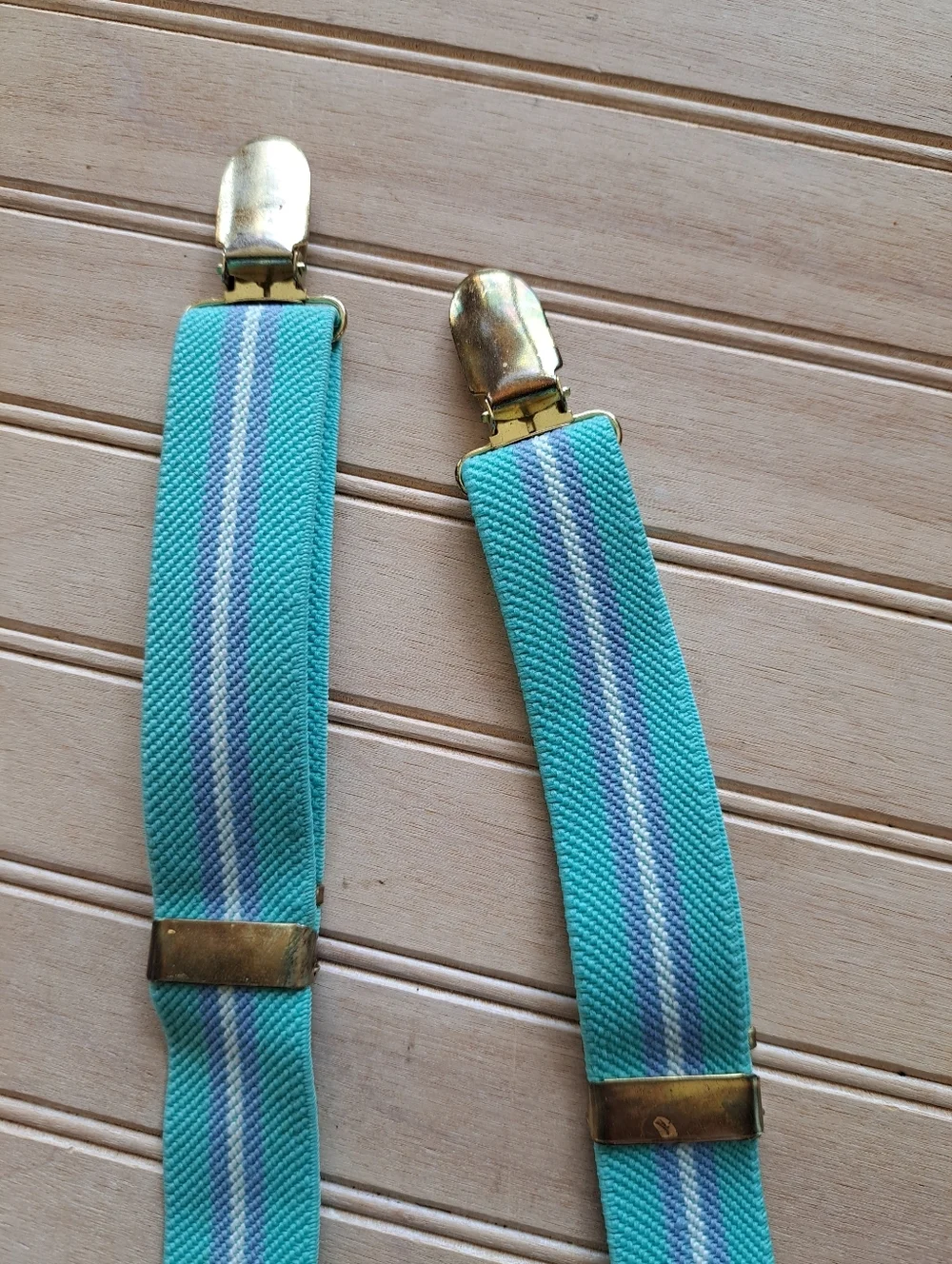 Vintage Infant Boy Elastic Suspenders Aqua Blue Striped Clip-On Braces Formal